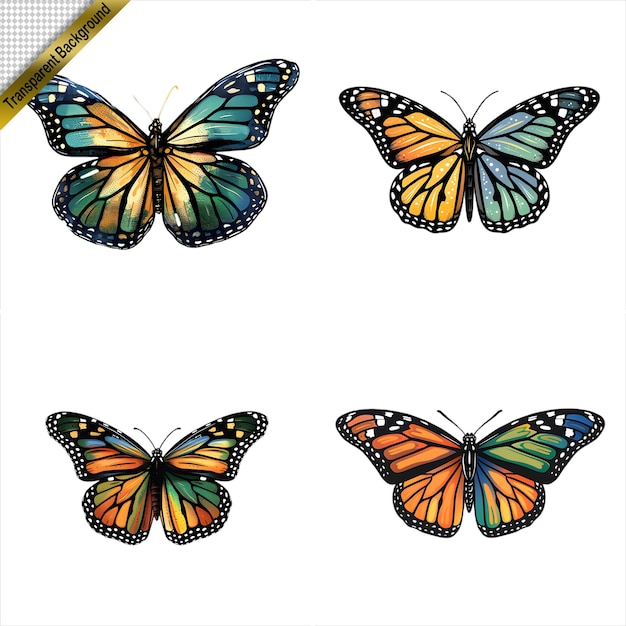 Set of HandDrawn Colorful Butterflies with Transparent Background