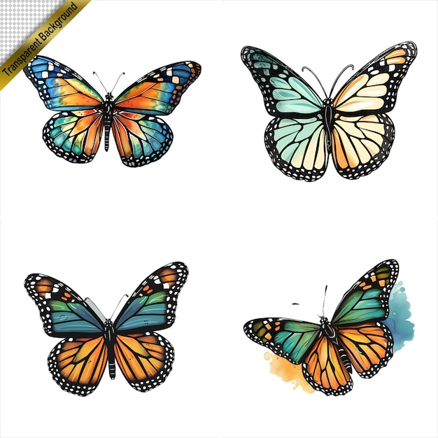 Set of HandDrawn Colorful Butterflies with Transparent Background