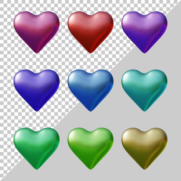 Set of heart icons or love symbol shapes in 3d render