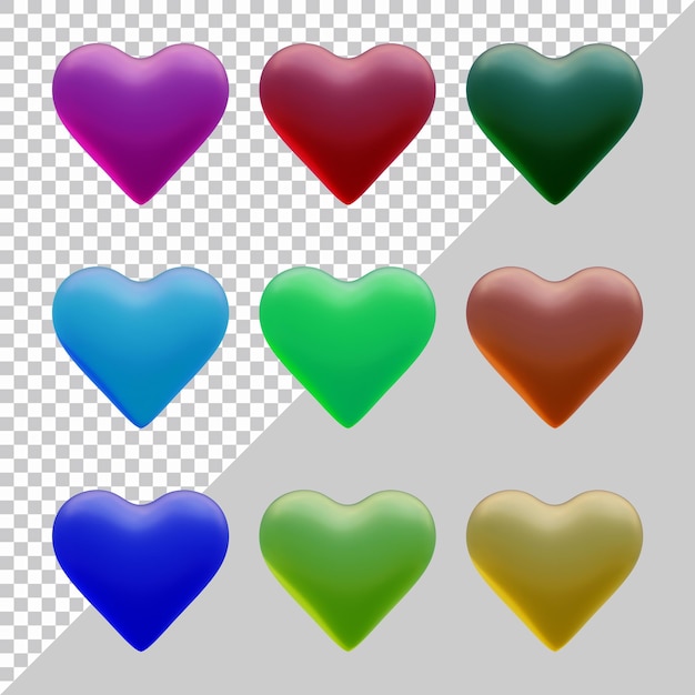 Set of heart icons or love symbol shapes in 3d render