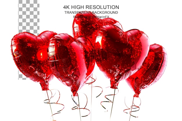 Set of heart shaped helium balloons isolated on transparent background