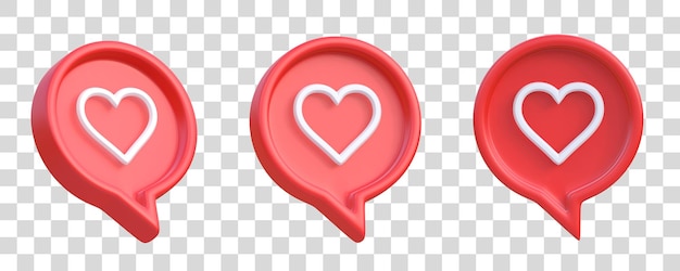 Set of heart in speech bubble icon isolated on a white background Love like heart social media 3D