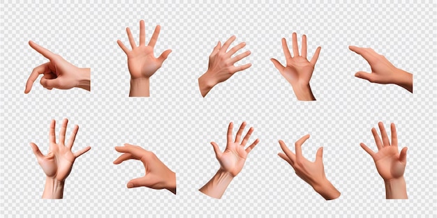 PSD a set of human hand with different gestures on transparent background