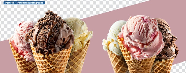 PSD set of ice cream in chocolate vanilla and strawberry flavors