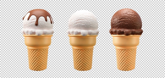 Set of ice cream scoops in waffle cones 3d illustration