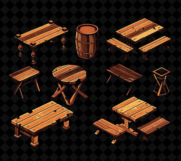 PSD a set of images of a wooden table and benches