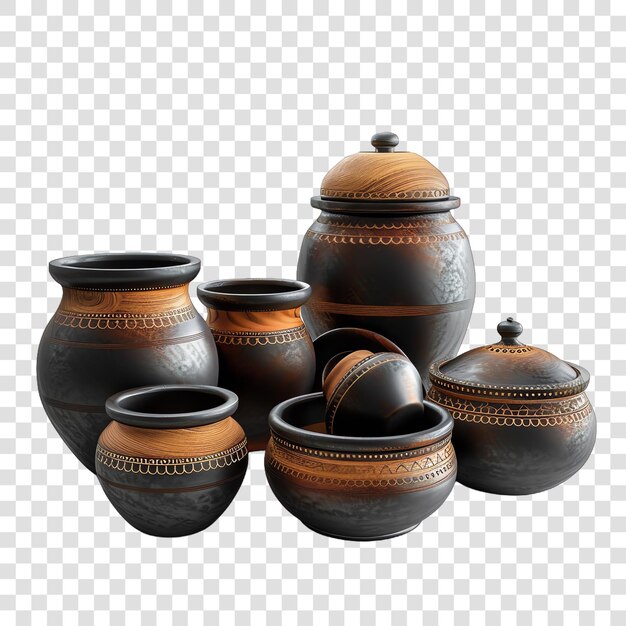 set of indian pots realistic isolated on transparent background