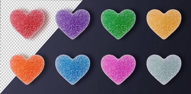 PSD set of isolated gummy hearts 3d render illustration