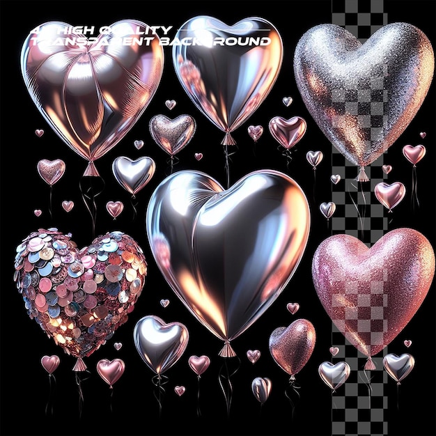 Set of isolated heart shaped helium balloons on transparent background