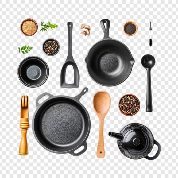 PSD a set of kitchen utensils and a wooden spoon isolated on transparent background