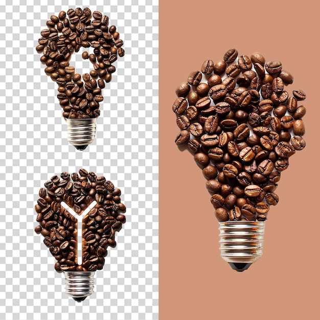 PSD a set of lightbulb symbol made with coffee beans on a transparent background