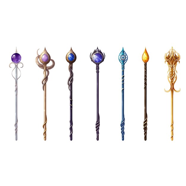 PSD set of magic wizard staff isolated on plain white background