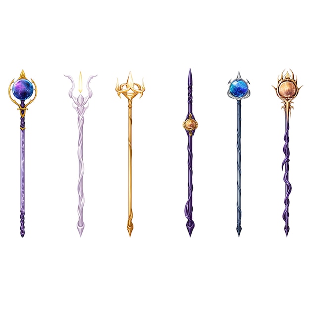 PSD set of magic wizard staff isolated on plain white background