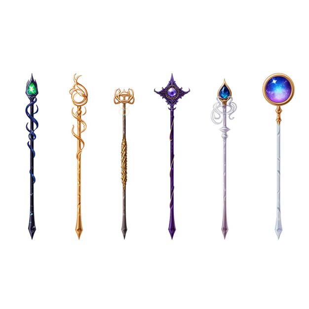 PSD set of magic wizard staff isolated on plain white background