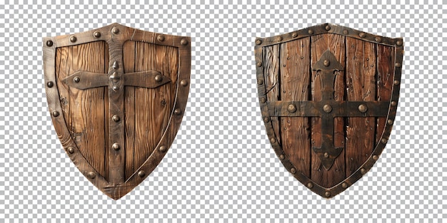 a set of medieval shields with a wooden handle