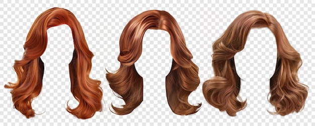 PSD set of medium brown woman hair wig png on transparent background