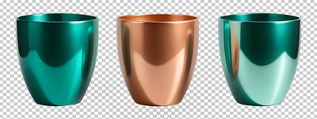 PSD set metallic plant pots isolated on transparent background