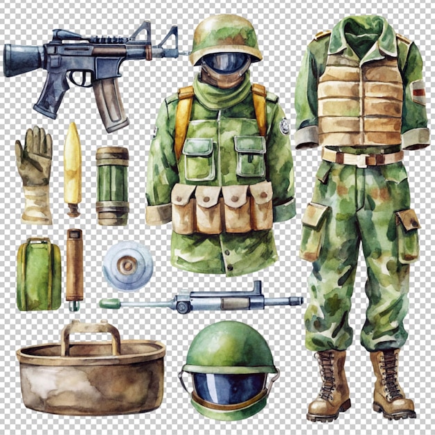 PSD set of a military soldier equipment watercolor ham on transparent background