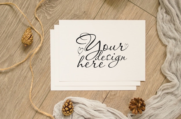 Set of mockups in warm brown tones with pine cones, runner on a wooden 