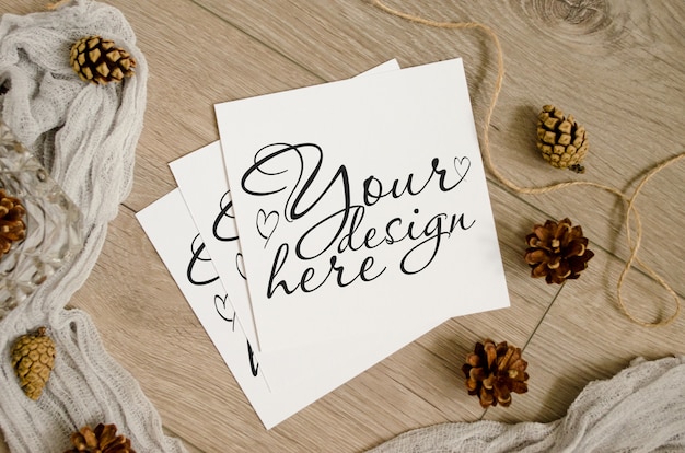 Set of mockups in warm brown tones with pine cones, runner on a wooden 