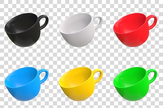 Set of multicolored coffee cups isolated on a white background 3D render illustration