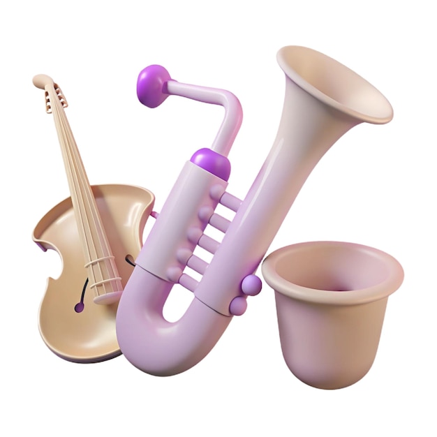 a set of musical instruments and a white background with a purple handle