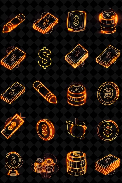 PSD a set of neon signs with a stack of money and a stack of coins