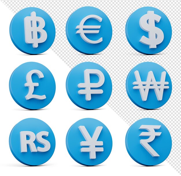 PSD set of nine white currency symbol with rounded blue icons on white background 3d illustration