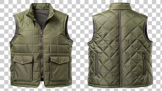 PSD set of olive green vest front view and back view on white background