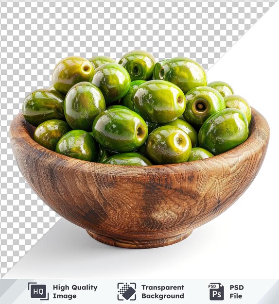 set of olives in a wooden bowl isolated on transparent background