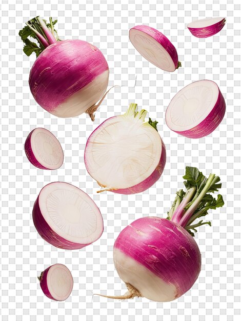 a set of onions with a white background with a green leaf