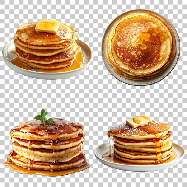 Set of pancakes with maple syrup and honey isolated on transparent background