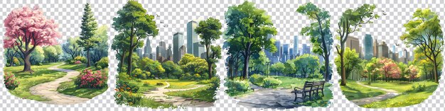 PSD set park with a bench and trees isolated on transparent background