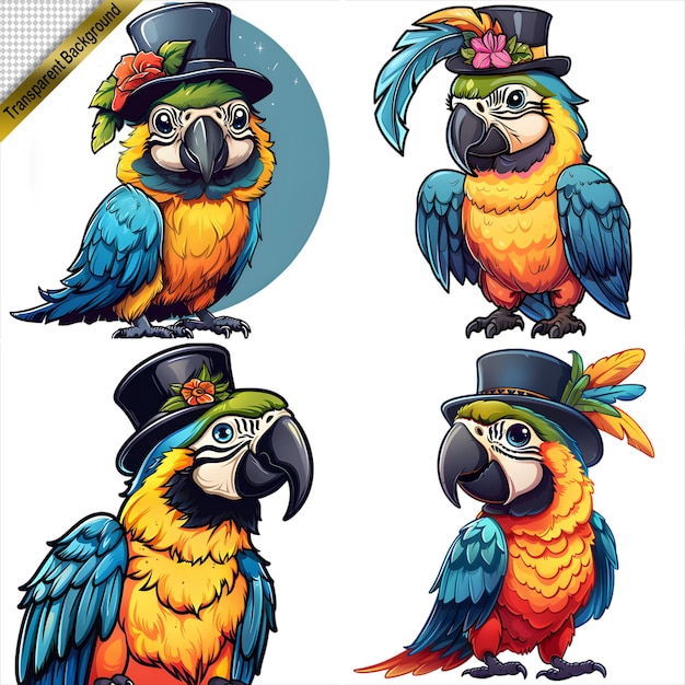 PSD set of parrots with hats in illustration style