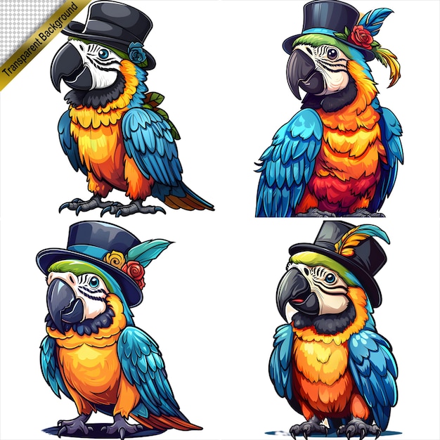 PSD set of parrots with hats in illustration style