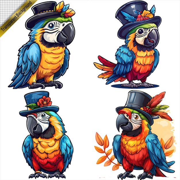 PSD set of parrots with hats in illustration style