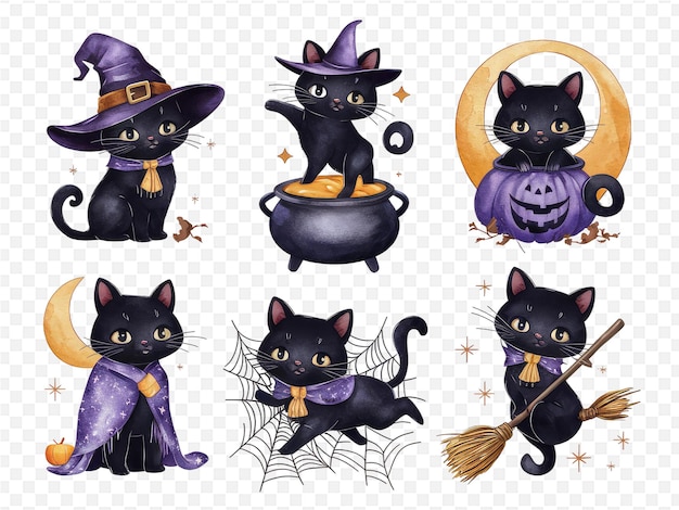 PSD a set of pictures of black cats and witch witch halloween costumes