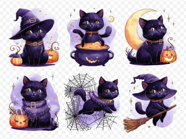 PSD a set of pictures of a cat with a broom and a pumpkin