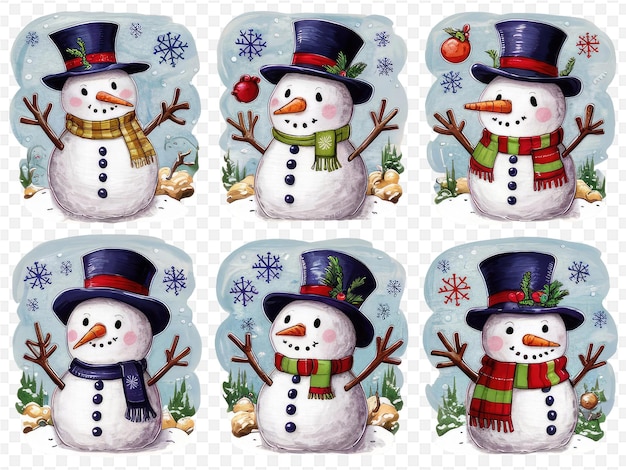 a set of pictures of snowmen with a hat and scarf