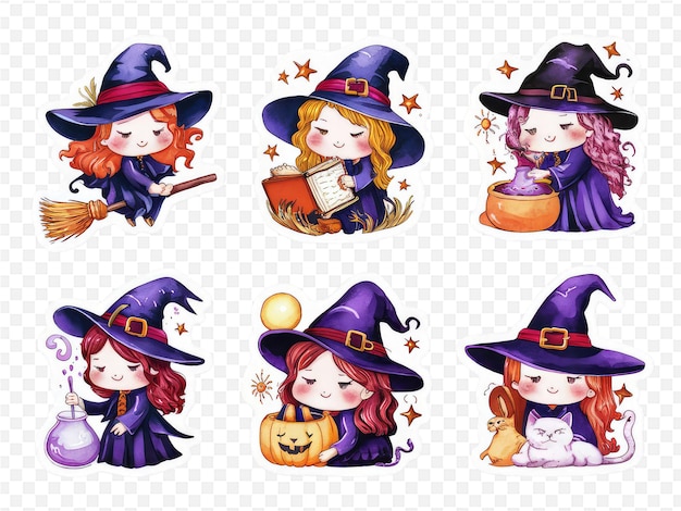 a set of pictures of a witch and a cat with a broom