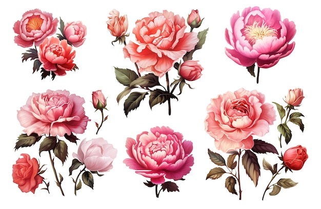 Set of pink roses isolated on white background Watercolor illustration