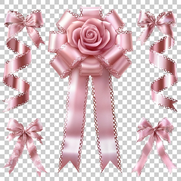 Set of pink satin bows and ribbons isolated on transparent background