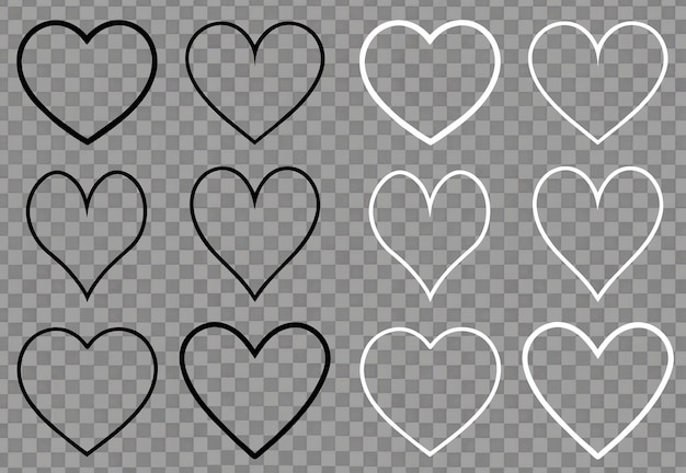 PSD set of png handdrawn stylish assorted fashion hearts line art black and white