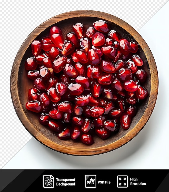 set of pomegranate seeds in a wooden plate isolated on transparent background png psd