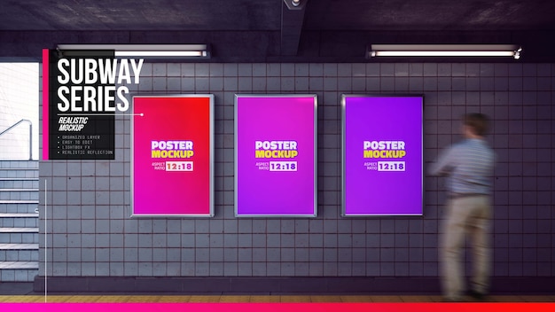 Set of posters mockup in metro station hallway