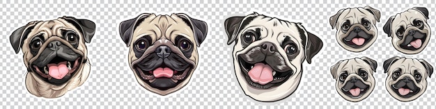 PSD set of pug dog sticker bulldog vector illustration on transparent background