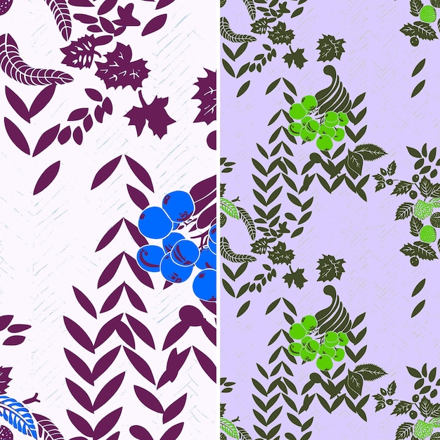 a set of purple and green floral designs