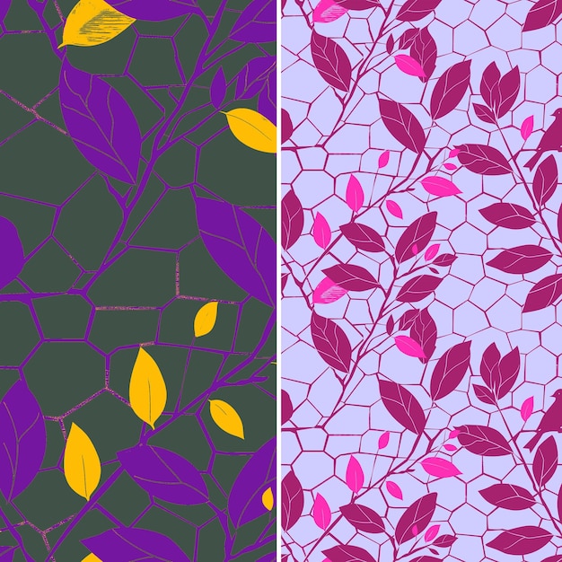 PSD a set of purple and purple illustrations with leaves and branches