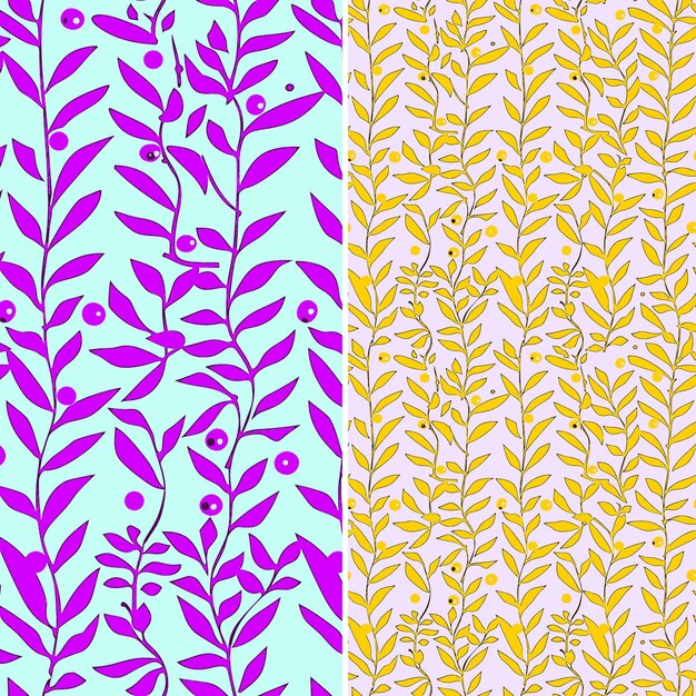 set of purple and purple plants with purple leaves and a yellow background