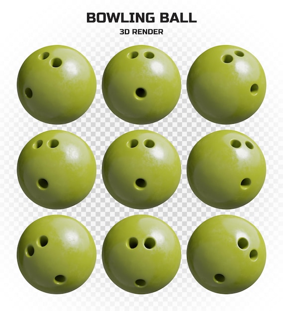 Set of realistic 3d render matte green bowling balls in high resolution with many perspectives